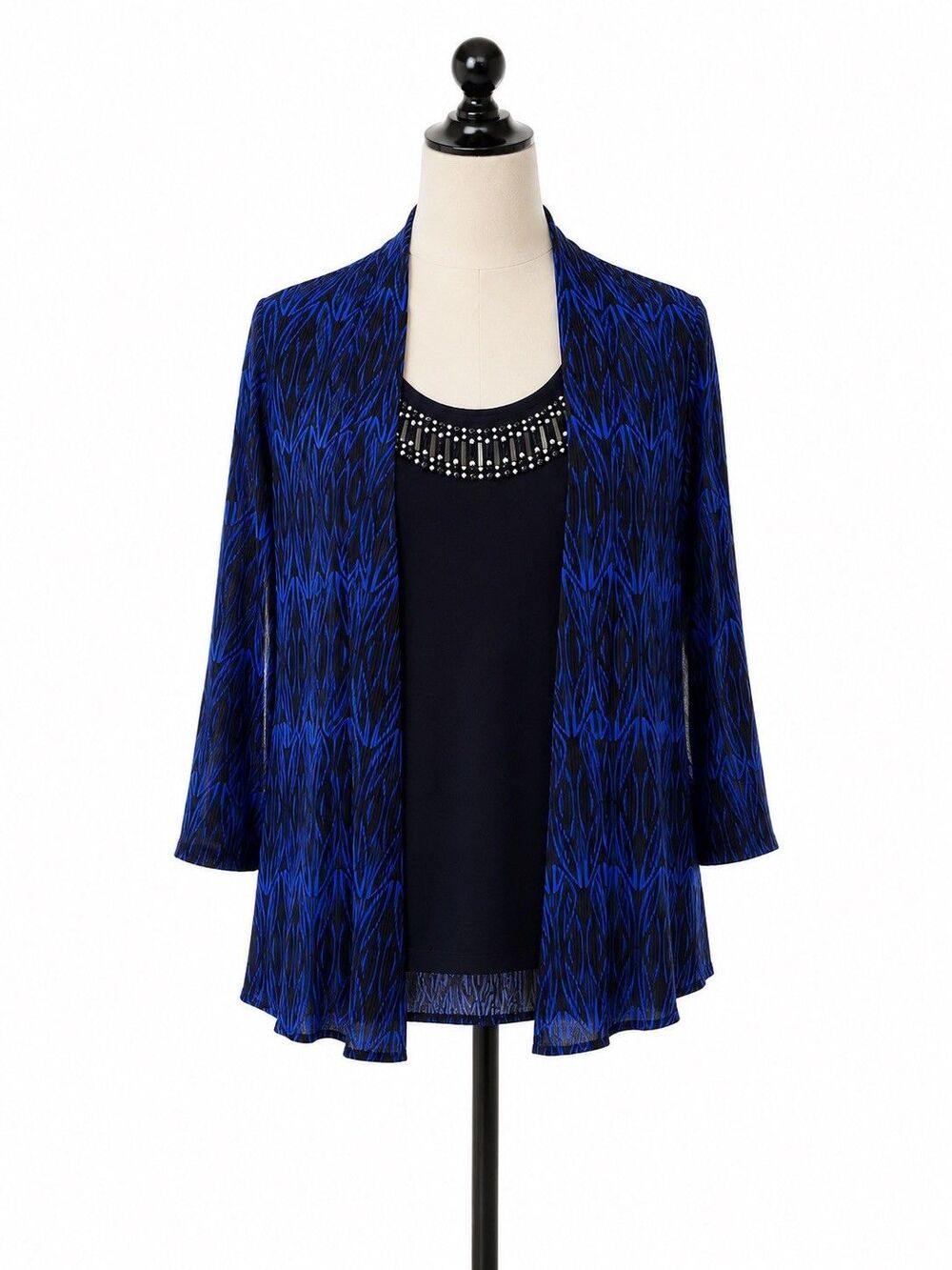 JM Collection Y2K Women’s Layered Top Set Blue Black Chevron Open Front L Crinkl